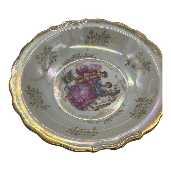 VINTAGE Japan Lusterware Portrait Of Courting Couple Pitcher and Bowl Gold Rim - Picture 11 of 15